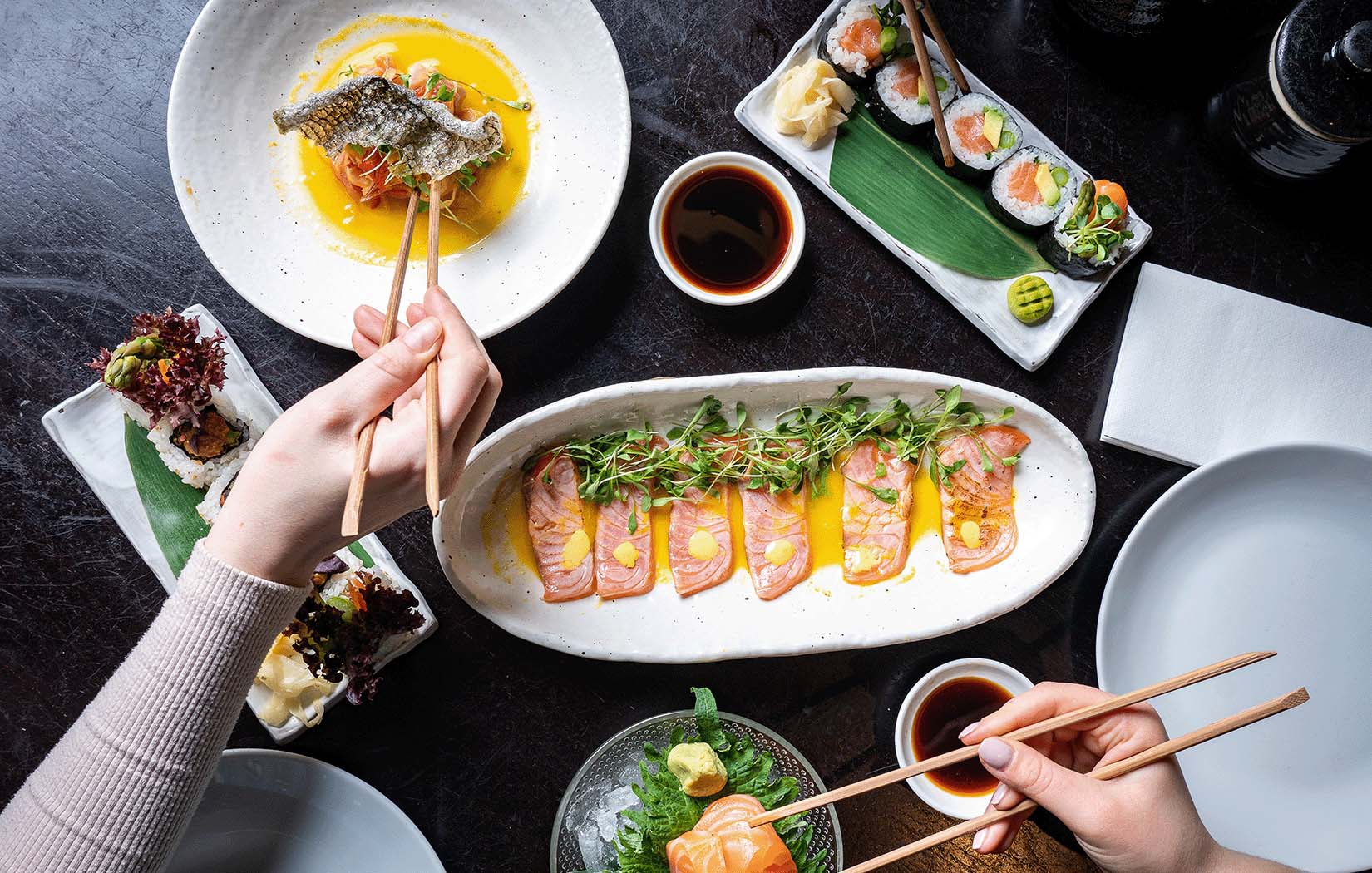 Sushi overhead shot shared among friends