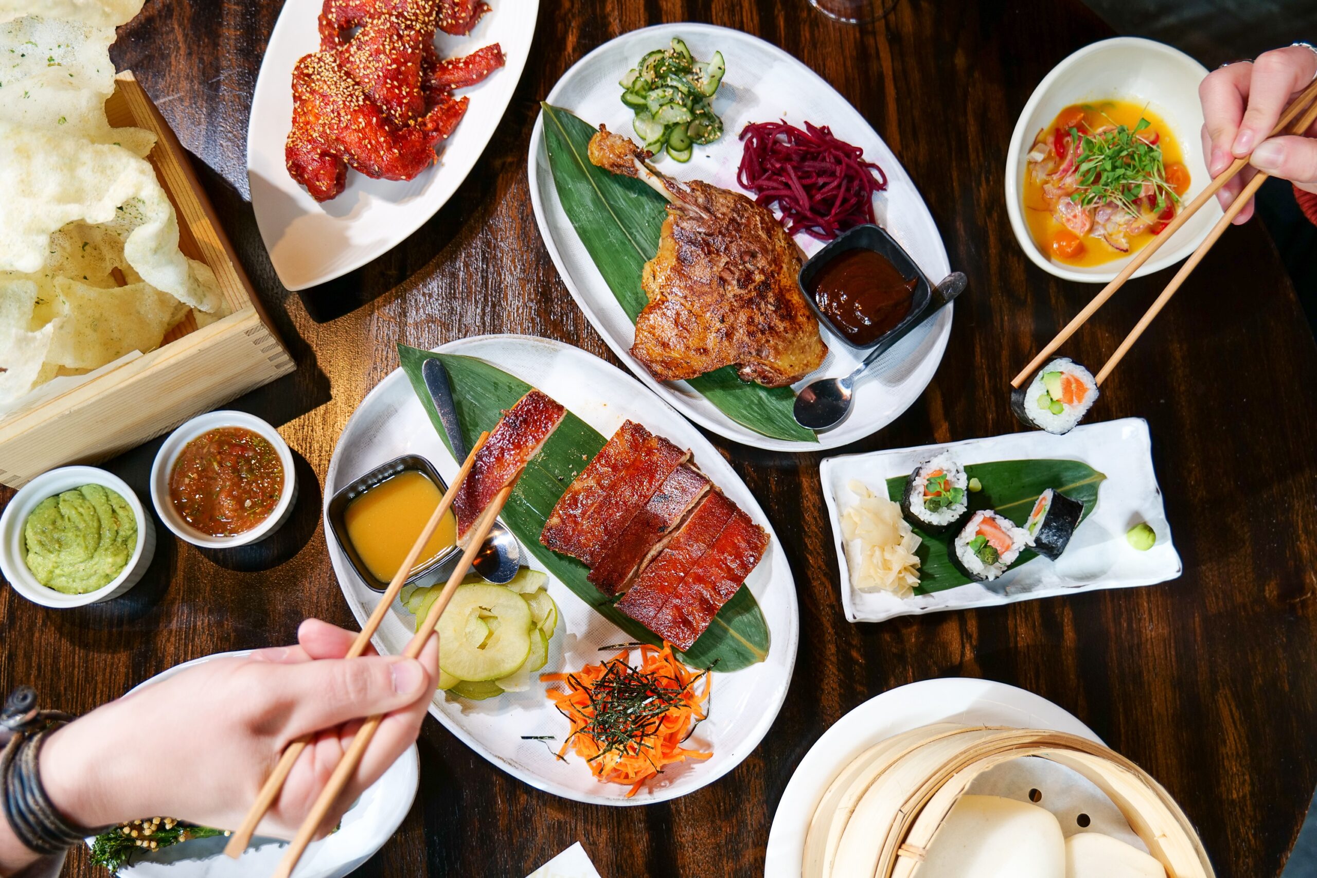 Overhead shot of food at Flesh & Buns